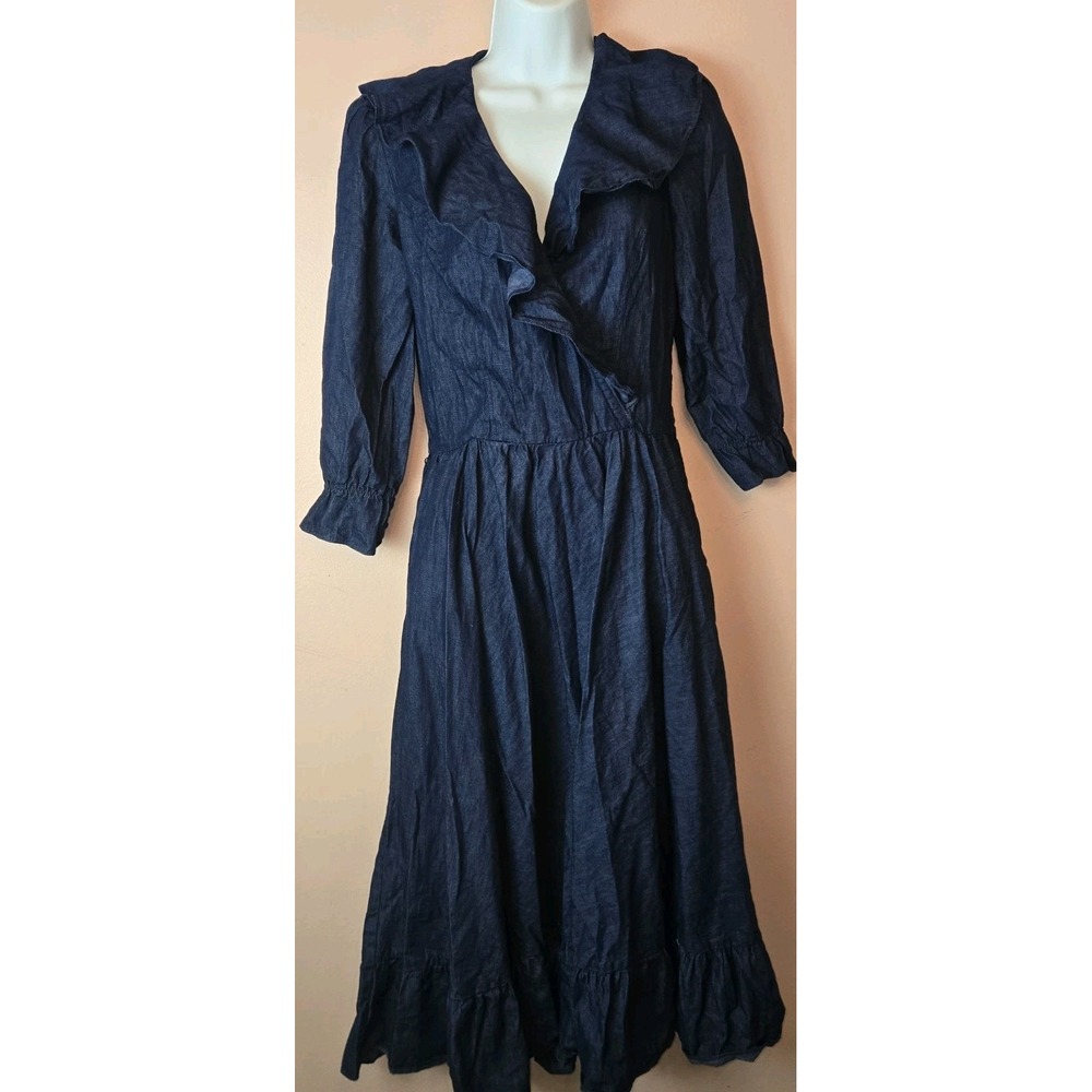 Vintage 80s Barbara Barbara Partial Wrap Dress Denim Smock Sleeve Ruffle Midi